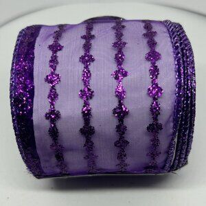 New 2.5" x 25' Wired Ribbon Sheer Lavender With Purple Glitter Pattern Craft